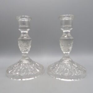 Vintage Lead Crystal Candlesticks Holders Set 2 Ambrosia Clear Glass 6" Floral